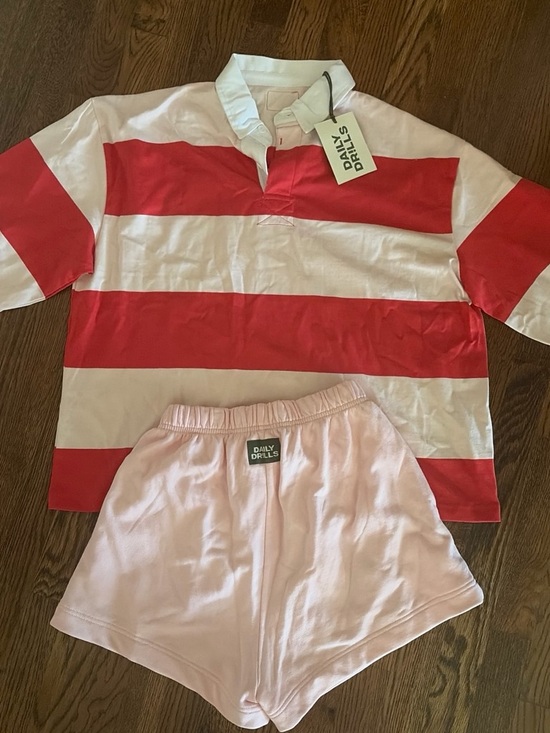 Daily Drills Other - Daily Drills Red & White Striped Rugby Top with Light Pink Shorts